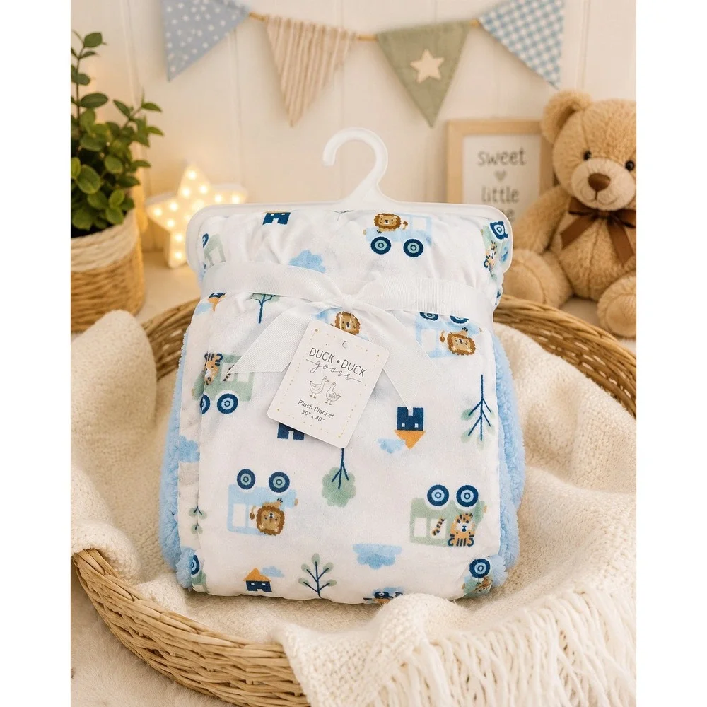 Duck Duck Goose Baby Plush Blanket 30x40 Blue Animal Train Nursery NEW